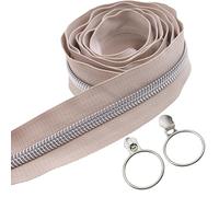 Leekayer #5 Silver Metallic Nylon Coil Zippers by The Yard Bulk 10 Yards Beige Zipper Tape with 25pcs Silver Ring Pull Sliders for DIY Sewing Tailor Craft Bag(Beige)
