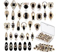 Leelosp 24 Pieces 3D Nail Charms Gold Luxury Black Rhinestones Nail Charms for Acrylic Nails Black Zircon Jewels Crystals Rhinestones with Storage Box for DIY Craft Art