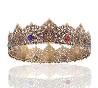 LEEMASING King Men Gold Tiara Crown Imperial Medieval Headband Crystal Pageant Costumes For Wedding Halloween Faire Birthday (Dark Gold With Colorful Stone)