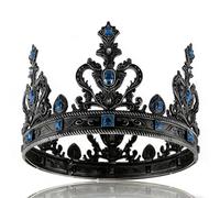 LEEMASING Royal King Queen Crown Medieval Costume Birthday Crown Accessory For Birthday Cosplay Homecoming Wedding Christmas Halloween (Black With Blue Stone)