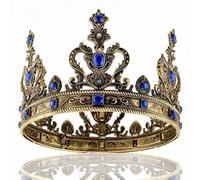 LEEMASING Royal King Queen Crown Medieval Costume Birthday Crown Accessory For Birthday Cosplay Homecoming Wedding Christmas Halloween (Dark Golden With Blue Stone)