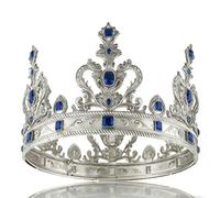 LEEMASING Royal King Queen Crown Medieval Costume Birthday Crown Accessory For Birthday Cosplay Homecoming Wedding Christmas Halloween (Silver With Blue Stone)