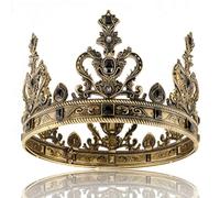 LEEMASING Royal King Queen Crown Medieval Costume Birthday Crown Accessory For Birthday Cosplay Homecoming Wedding Christmas Halloween (Dark Golden With Black Stone)