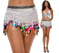 Leemiman Belly Dance Hip Scarf Sequin Tassel Skirt Wrap Sparkly Bling Sequins Coins Hip Belt Rave Performance Festival Costume for Women White