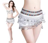 Leemiman Belly Dancing Hip Scarf 2 Colors Belly Dancing Hip Scarves Wrap Skirt Belly Dancing Waist Belts with Coin Tassel (White)