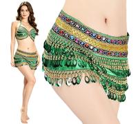 Leemiman Belly Dancing Hip Scarf 2 Colors Belly Dancing Hip Scarves Wrap Skirt Belly Dancing Waist Belts with Coin Tassel (Green)