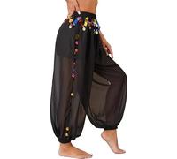 Leemiman Women Belly Dance Costume Harem Pants Indian Dance Trousers Bollywood Hanging Coin Sequins Lantern Pants Chiffon (Black)