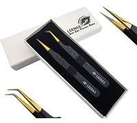 Leenax 2 Pieces Fiber Tip (Anti - Slip) Eyelash Extension Tweezers, Straight and 45-Degree Volume Tweezers, Japanese Stainless Steel, Hearts Design (Black)