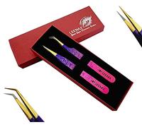 Leenax 2 Pieces Fiber Tip (Anti - Slip) Eyelash Extension Tweezers, Straight and 45-Degree Volume Tweezers, Japanese Stainless Steel, Hearts Design (Multi)