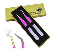 Leenax 2 Pieces Fiber Tip (Anti - Slip) Eyelash Extension Tweezers, Straight and 45-Degree Volume Tweezers, Japanese Stainless Steel, Hearts Design (Pink Tulip)