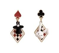 Leeniuniu Asymmetric Magic Hat Rabbit Stud Earrings Red Peach Blossom Square Poker Card Earrings for women Unique Party Jewelry, L, Metal, No Gemstone