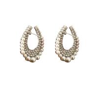 Leeniuniu Multi-Color Rhinestone Pearl Large U-Shaped Hoop Earrings for Women Sparkling Crystal Geometric Earrings Bridal Party Jewelry, L, Metal, No Gemstone