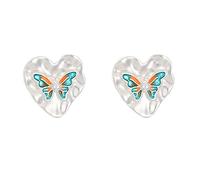 Leeniuniu Retro Heart Circular Stud Earrings with Colorful Printed Butterfly Design Lightweight Party Jewelry for Women, L, Metal, No Gemstone