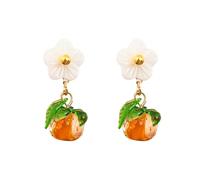 Leeniuniu Summer Sweet Cute Fruit Stud Earrings with White Flower Green Leaf Strawberry Persimmon Orange Peach Floral Earrings for Women, L, Metal, No Gemstone