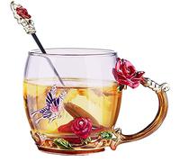 Leeppyton Enamels Butterfly Flower Glass Coffee Mugs Flower Tea Cup with Spoon,Great Gift for Mother Wife Girl Friend Teacher,Suitable for Birthday,Valentine’s Day,Mother’s Day,Wedding Anniversary