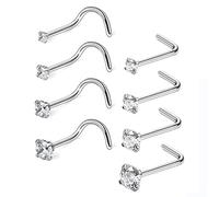 LEEQ 20 Gauge Curved Nose Studs inless Steel Nose Rings Cubic Zirconia Piercing Body Jewelry, Screw and L Bend Shape, 8 Pieces by LEEQ