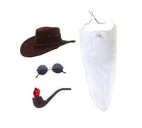 LeeQinersw Long Beard Wizard Gnome Dwarf Mustache Polyester Costume Accessory Cowgirl Hat Sunglasses Set Suitable for Adult Halloween Party Photo Christmas, White