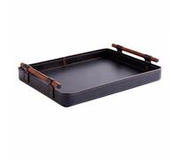 LeeQinersw Spacious Tray with Wooden Rod Handles | Low-Profile Design, Semi-PU Leather Organizer Tray, Versatile, for Desk, Vanity, Dark