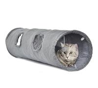 LeerKing Extra Long Cat Play Tunnel - 51" L x 12" Dia, Collapsible Suede Crinkle Cat Tube Toy with Ball and Peek Hole for Kittens, Rabbits, Puppies, L, Grey