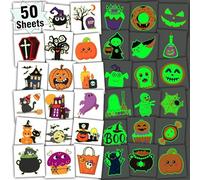 Leesgel 50 Halloween Tattoos for Kids Party Bag Fillers, Glow Pumpkin/Candy/Bat/Spider Temporary Tattoo Stickers