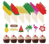 Leesgel 60pcs Tropical Cupcake Toppers, Hawaiian Cupcake Topper Sticks - Pineapple/Flowers/Aloha/Cocoanut Tree/Watermelon/Flamingo Cake Topper, Luau Party Favours Beach Birthday Supplies