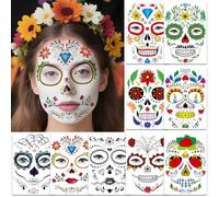 Leesgel Day of the Dead Costumes Face Tattoo, 9 Sheets Temporary Tattoos Stickers for Day of the Dead Mask Face Paint Makeup Accessories, Dia de Los Muertos Halloween Decorations