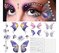 Leesgel Face Glitter Festival Accessories, 8 Butterfly Glitter Tattoos with 2 Face Gems Hair Jewels&Pearl Stickers for Women Girls Eye Makeup, Butterfly Fairy Rave Party Decorations