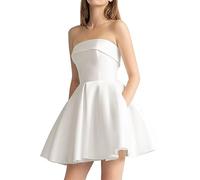 Leeskoot Satin Homecoming Dresses for Teens 2025 Strapless Short Prom Dress A Line Formal Cocktail Evening Gown with Pockets, Ivory, 14