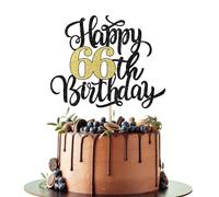 Leetaivie Happy 66th Birthday Cake Topper, Black Gold Glitter Birthday Cake Topper, 66th Anniversary/ 66th Birthday Party Decoration Supplies