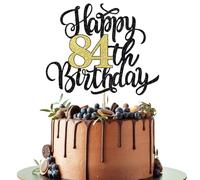 Leetaivie Happy 84th Birthday Cake Topper, Black Gold Glitter Birthday Cake Topper, 84th Anniversary/ 84th Birthday Party Decoration Supplies