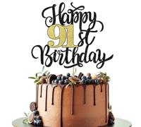 Leetaivie Happy 91st Glitter Cake Topper, Black Gold, Anniversary/Royale Party Decoration
