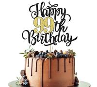 Leetaivie Happy 99th Birthday Cake Topper, Black Gold Glitter Birthday Cake Topper, 99th Anniversary/ 99th Birthday Party Decoration Supplies