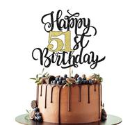 Leetaivie Happy Glitter Birthday Cake Topper, Black Gold - 51st Anniversary/Anniversary Party Decoration