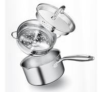 Leetaltree 1.5 Quart Stainless Steel Saucepan with Steamer Basket, Tri-ply Construction, Versatile Sauce Pan with Double-sized Drainage Lid - Perfect for Cooking Gravies. Pasta, Vegetable and More