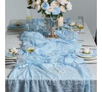 Leetaltree Luxury Fringe Appliqué Table Runner 120 Inch - Raised Linear Sparkle, Iridescent Elegant Gift Set for Wedding, Christmas, Baby Shower, Birthday, Holiday & Home Decor (Powder Blue, 3 Pack )