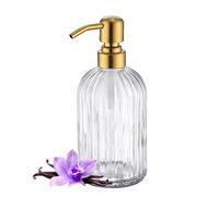 Leetcp Gold Refillable Glass Kitchen Soap Dispenser,16oz Bathroom Soap Dispenser with Vertical Strip,Golden 304 Stainless Steel Pump Head, Clear Thick Glass,for Modern Home Decor, Countertop, Hotel