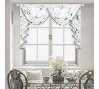 Leeva 59-Inch Waterfall Sheer Valance Curtains - Matching Grey Tones Bead Tassels and Butterfly Plants Print, Elegant Scarf Valance for Cafe, Nursery, Bedroom