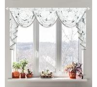 Leeva 79-Inch Wide Gray Waterfall Sheer Valance Curtains - Elegant Butterfly & Plants Print with Bead Tassels, Elegant Swag Sheer Valances for Living Room Bedroom