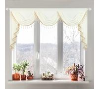 Leeva Cream Sheer Valance, Waterfall Swag Valance with Beaded Trim, 79" Wide Voile Curtain for Farmhouse Kitchen & Sunroom Window Treatments