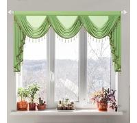 Leeva Forest Green Voile Valance 79" Wide, 3 Swags Waterfall Valance with Beaded Fringe, Airy Voile Sheer for Living Room Archways Bedroom