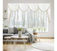 Leeva Luxury White Waterfall Sheer Valance with Beaded Tassels, 43x110 Inch Elegant Swag Curtains for Windows, Vintage Victorian Voile Scarf for Living Room Bedroom Decor, 1 Panel (Pure White)