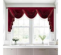 Leeva Wine Red Velvet Valance 43"x79", Waterfall Swag with Beaded Trim - Vintage Inspired Window Treatment for Living Room Archways & Large Windows