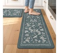 LEEVAN Anti Fatigue Kitchen Mats for Floor, Cushioned Kitchen Mat Set 2PCS | 17.3"x29"+17.3"x47", Botanical Blue Kitchen Rugs Non-Slip, Waterproof Ergonomic Standing Mats for Laundry, Office, Bar & Sink