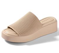 Leevar Wedge Sandals for Women, Soft Memory Foam Padded Platform Sandals for Women, Backless Slip On Wedge Sliders Comfy Square Open Toe Mules Shoes for Women Tan