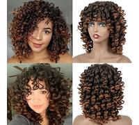 Leeven 12 Inch Bouncy Afro Curly Wigs Synthetic Kinky Curly Wig with Bangs Ombre Brown Curly Afro Wigs for Woman Heat Resistant Short Wigs /1B30
