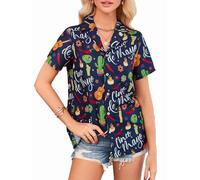 Leevuyu Cinco De Mayo Shirt Women Mexican Fiesta Funny Button Down Short Sleeve Mexico Blouse Tops, Navy Blue1, L