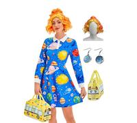 Leevuyu Women Mrs. Frizzle Dress With Wig Halloween Magic School Bus Costume Science Teacher Dresses Blue XXL