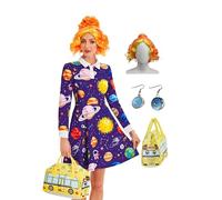 Leevuyu Women Plus Size Ms Frizzle Dress With Wig Halloween Magic School Bus Costume Science Teacher Dresses Purple 3XL