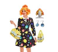 Leevuyu Women Plus Size Ms Frizzle Dress With Wig Halloween Magic School Bus Costume Science Teacher Dresses Black 3XL