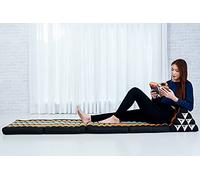 Leewadee Comfortable Japanese Floor Mattress - Thai Floor Bed With Triangle Cushion - Futon Mattress - XL Extra Long Thai Massage Mat, 225 x 50 cm, Black Orange, Kapok Filling